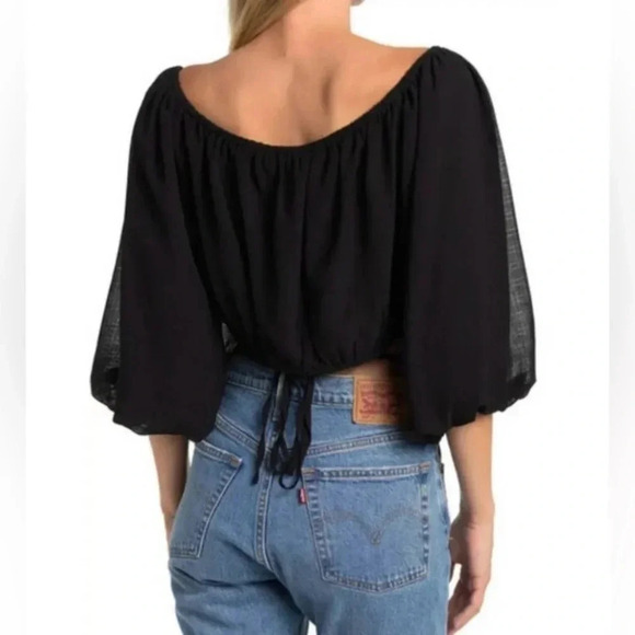 ASTR the label Tie Waist 3/4 Balloon Sleeve Crop Top Black Size M - Picture 6 of 12